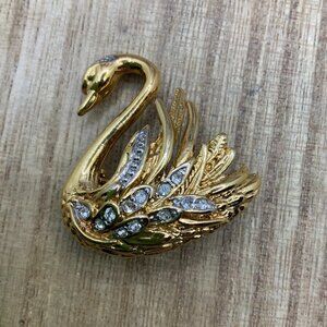 Marvella Vintage White Rhinestone Silver & Gold Tone Swan Brooch